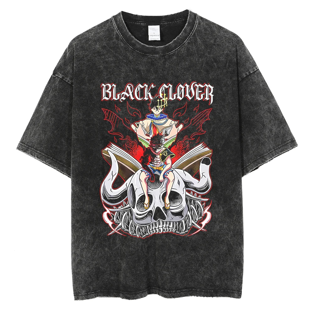 Black Clover Asta Graphic Vintage T Shirt Men Manga Washed Cotton Tshirts Casual Loose Tee