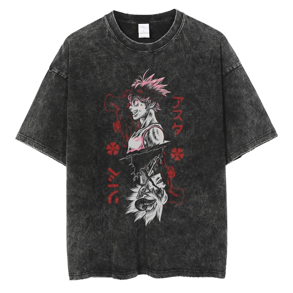 Black Clover Asta Graphic Vintage T Shirt Men Manga Washed Cotton Tshirts Casual Loose Tee