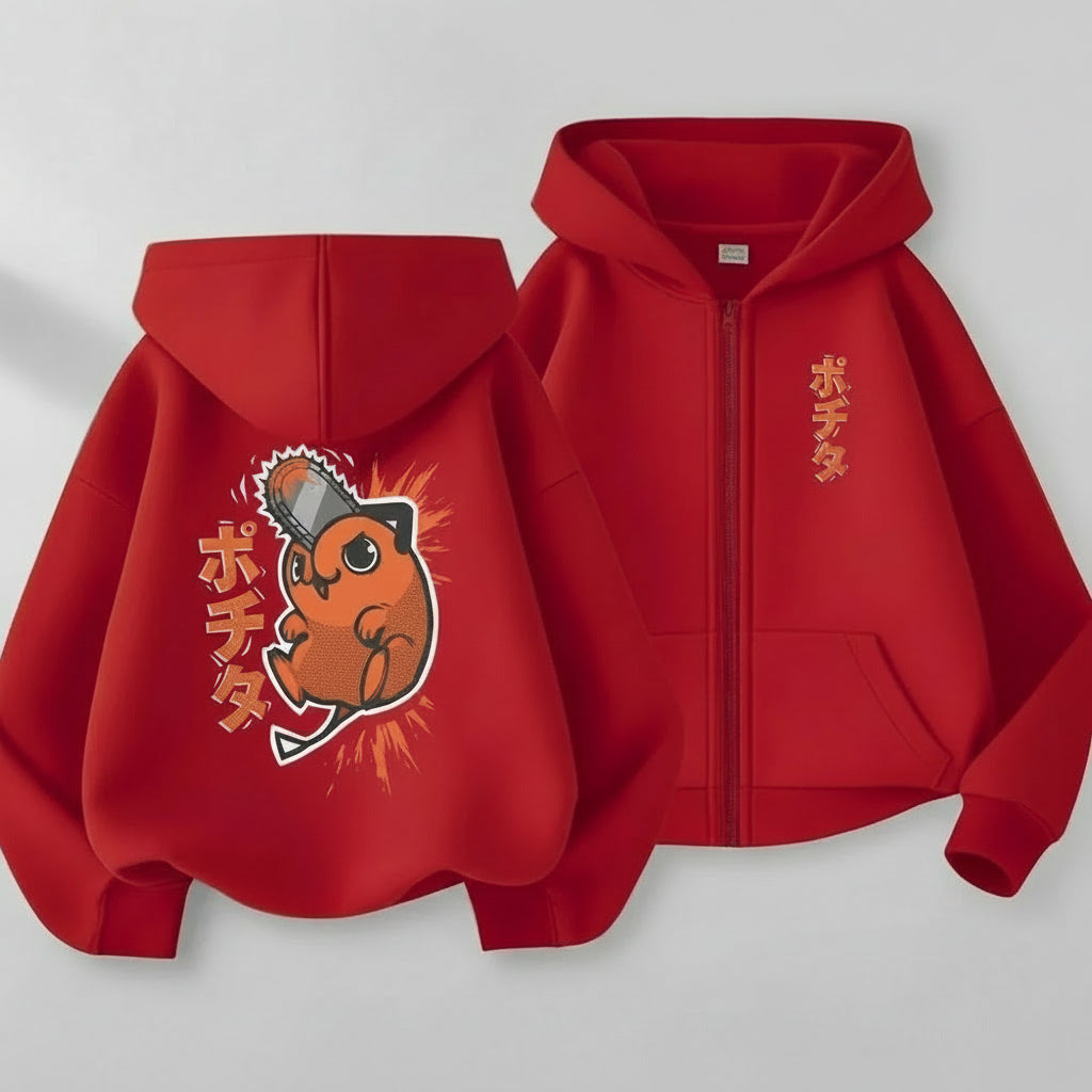 Pochita Chainsaw Man Retro Washed Graphic Zip-Up Jacket