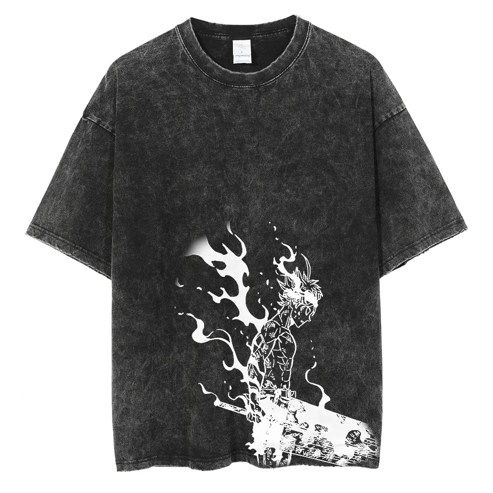 Black Clover Asta Graphic Vintage T Shirt Men Manga Washed Cotton Tshirts Casual Loose Tee