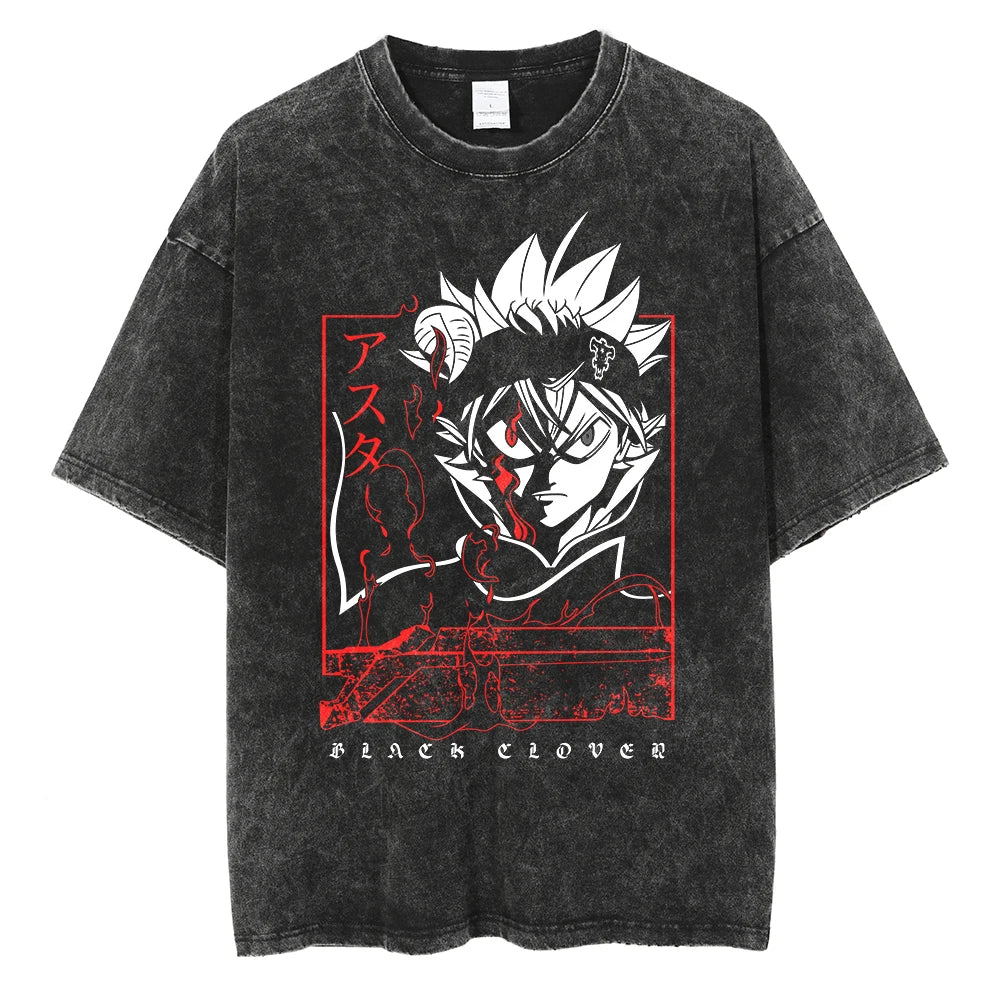 Black Clover Asta Graphic Vintage T Shirt Men Manga Washed Cotton Tshirts Casual Loose Tee