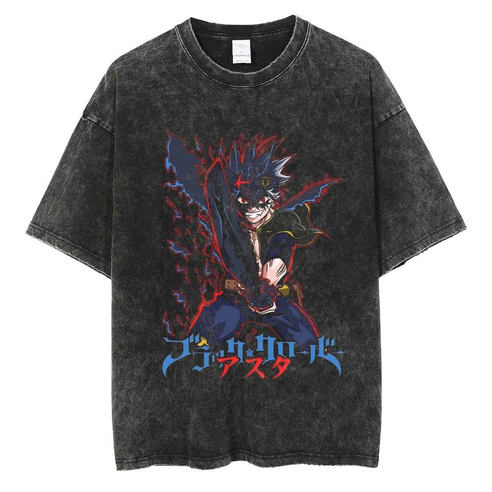 Black Clover Asta Graphic Vintage T Shirt Men Manga Washed Cotton Tshirts Casual Loose Tee