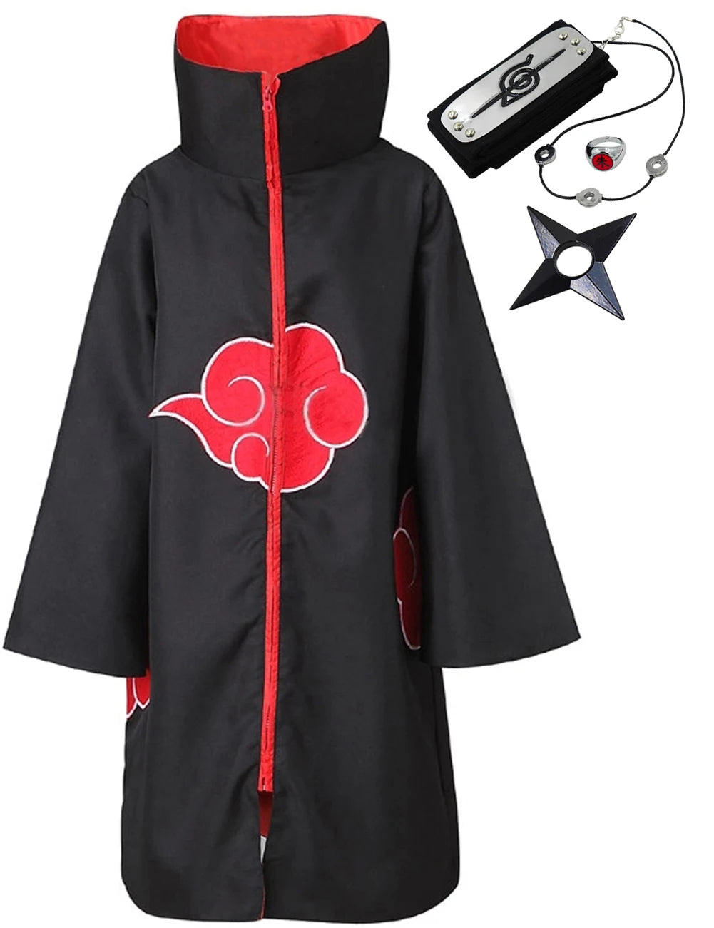 Akatsuki Cloak Cosplay Set: Uchiha Itachi Long Black Robe with Red Clouds