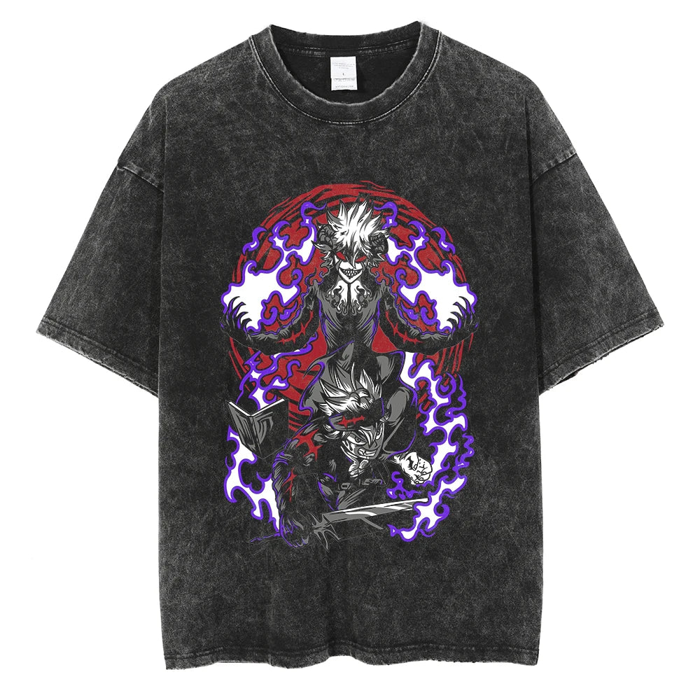 Black Clover Asta Graphic Vintage T Shirt Men Manga Washed Cotton Tshirts Casual Loose Tee