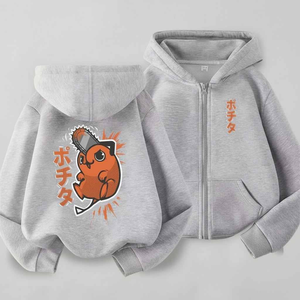 Pochita Chainsaw Man Retro Washed Graphic Zip-Up Jacket