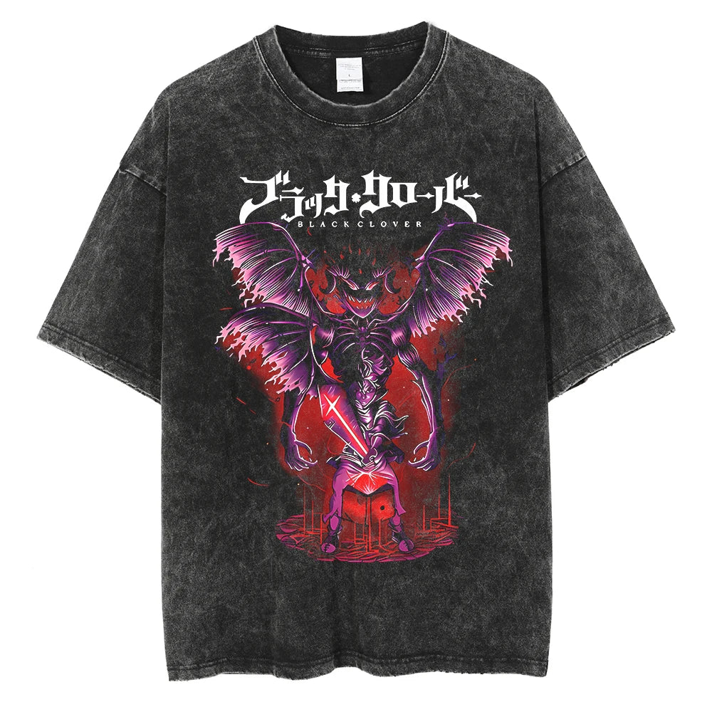 Black Clover Asta Graphic Vintage T Shirt Men Manga Washed Cotton Tshirts Casual Loose Tee