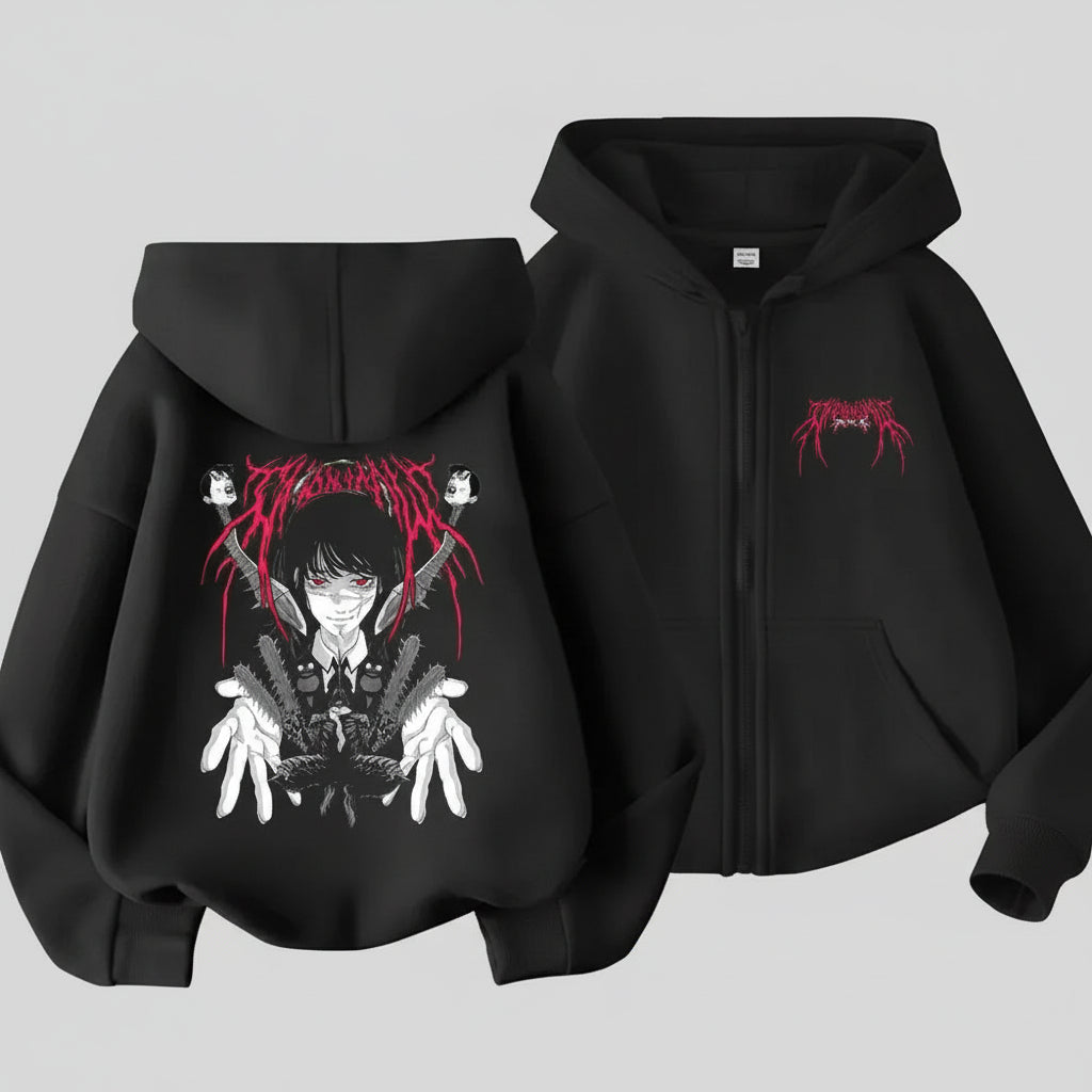 Oversized Chainsaw Man Washed Zip-Up Retro Graphic Jacket