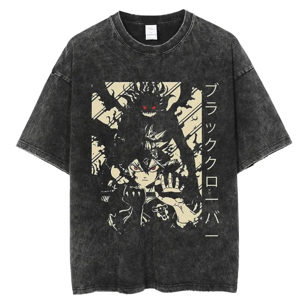 Black Clover Asta Graphic Vintage T Shirt Men Manga Washed Cotton Tshirts Casual Loose Tee