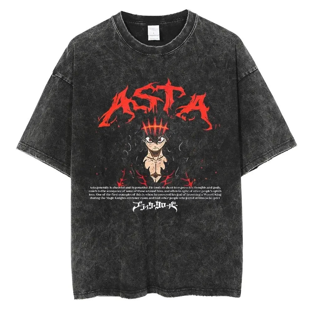Black Clover Asta Graphic Vintage T Shirt Men Manga Washed Cotton Tshirts Casual Loose Tee