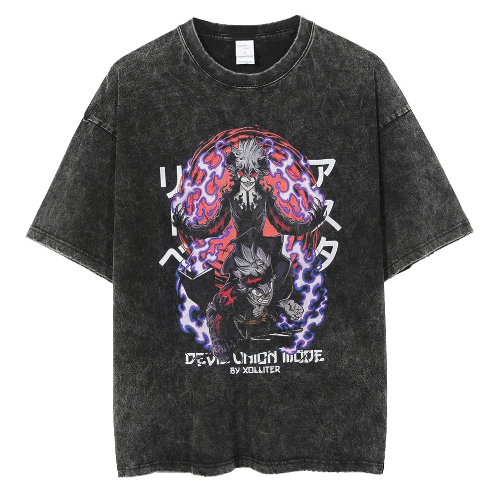 Black Clover Asta Graphic Vintage T Shirt Men Manga Washed Cotton Tshirts Casual Loose Tee